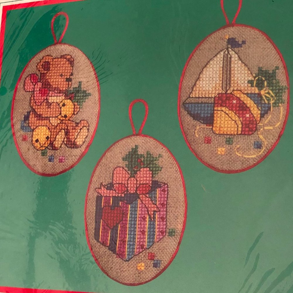 NEW Dimensions Christmas Cross Stitch 3 Ornament Kit Presents Antique Toys 1989